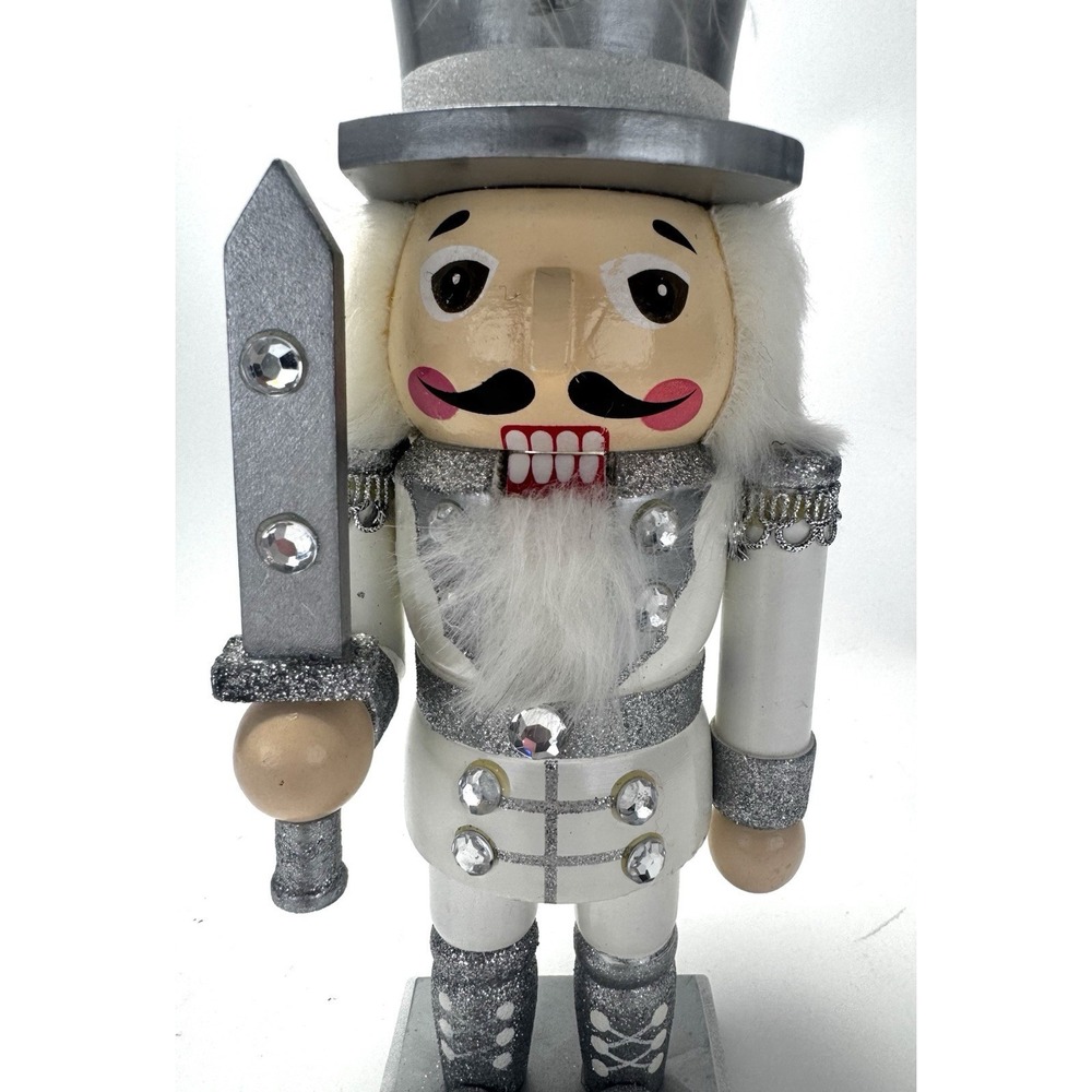 Pier 1 Imports White & Silver Nutcracker Soldier Figurine 10" Holiday Decor - Picture 5 of 8